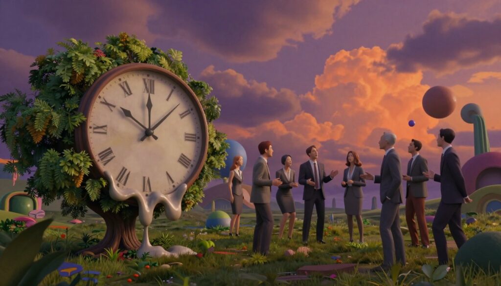 A dreamlike landscape filled with surreal elements, featuring a giant clock melting over a vibrant, lush tree in the foreground, symbolizing the fluidity of time. In the middle ground, a group of abstract human figures in professional business attire are engaged in animated discussions, their faces expressing curiosity and wonder, set against a backdrop of floating geometric shapes and whimsical architecture. The background showcases a sky filled with swirling clouds, painted in dusky purples and vibrant oranges, casting an ethereal glow over the scene. Soft, diffused lighting enhances the whimsical atmosphere, while a slightly tilted angle adds an intriguing sense of detachment, inviting viewers to explore the depth of imagination that defines surrealism's impact on modern art.