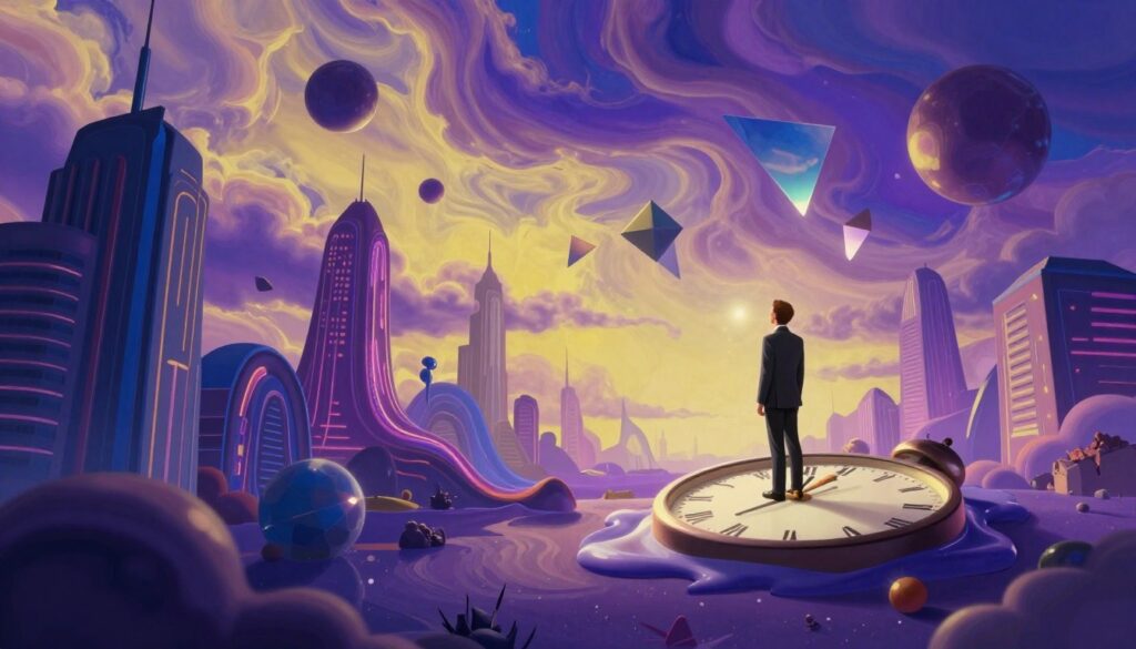 A dreamlike landscape filled with whimsical, oversized objects and distorted perspectives, showcasing a vibrant color palette of rich purples, deep blues, and luminescent yellows. In the foreground, a figure in professional business attire stands atop a melting clock, gazing at floating geometric shapes and fragmented reflections. The middle ground features an ethereal cityscape with buildings that bend and twist unexpectedly, their surfaces adorned with neon patterns. In the background, a vast sky swirls with abstract clouds, painted in surreal shades that evoke a sense of wonder and mystery. Soft, diffused lighting creates a magical atmosphere, accentuated by a slight lens flare, while an upward angle invites viewers to explore this bizarre yet captivating world. A dreamlike landscape filled with whimsical, oversized objects and distorted perspectives, showcasing a vibrant color palette of rich purples, deep blues, and luminescent yellows. In the foreground, a figure in professional business attire stands atop a melting clock, gazing at floating geometric shapes and fragmented reflections. The middle ground features an ethereal cityscape with buildings that bend and twist unexpectedly, their surfaces adorned with neon patterns. In the background, a vast sky swirls with abstract clouds, painted in surreal shades that evoke a sense of wonder and mystery. Soft, diffused lighting creates a magical atmosphere, accentuated by a slight lens flare, while an upward angle invites viewers to explore this bizarre yet captivating world.
