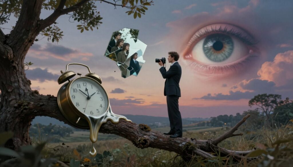 A dreamlike scene showcasing surrealist photography techniques, featuring an ethereal landscape with a distorted clock melting over a tree branch in the foreground. In the middle ground, a figure in professional business attire stands holding a vintage camera, gazing intently at a floating, fragmented mirror reflecting multiple realities. The background is a twilight sky painted with swirling colors, where a large, oversized eye watches over the scene. The lighting is soft and diffused, creating a mysterious and whimsical atmosphere. Capture the image from a low angle to emphasize the surreal heights of the landscape, enhancing the sense of depth and wonder. Overall, the composition should evoke intrigue and the uncanny essence of surrealism in photography.