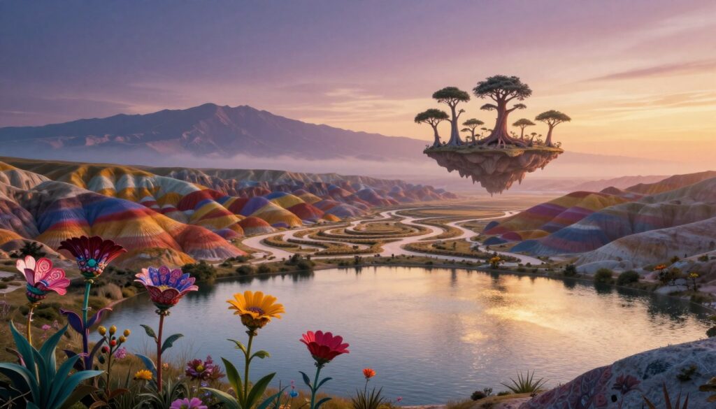 A dreamlike surrealist landscape featuring a vast, undulating terrain of vibrant colors and unusual formations. In the foreground, a series of oversized, blooming flowers with intricate patterns stand tall on a shimmering lake's edge. The middle ground displays a labyrinth of twisting paths leading to a floating island, adorned with bizarre, anthropomorphic trees that seem to communicate with the sky. In the background, a gradient of twilight hues casts ethereal light, illuminating a distant mountain range that melts into a swirling horizon. Incorporate a soft, diffused, golden light that enhances the surreal atmosphere, with a wide-angle perspective that captures the vastness of the landscape. The overall mood should evoke wonder and introspection, inviting viewers into a world where reality and imagination intertwine. A dreamlike surrealist landscape featuring a vast, undulating terrain of vibrant colors and unusual formations. In the foreground, a series of oversized, blooming flowers with intricate patterns stand tall on a shimmering lake's edge. The middle ground displays a labyrinth of twisting paths leading to a floating island, adorned with bizarre, anthropomorphic trees that seem to communicate with the sky. In the background, a gradient of twilight hues casts ethereal light, illuminating a distant mountain range that melts into a swirling horizon. Incorporate a soft, diffused, golden light that enhances the surreal atmosphere, with a wide-angle perspective that captures the vastness of the landscape. The overall mood should evoke wonder and introspection, inviting viewers into a world where reality and imagination intertwine.