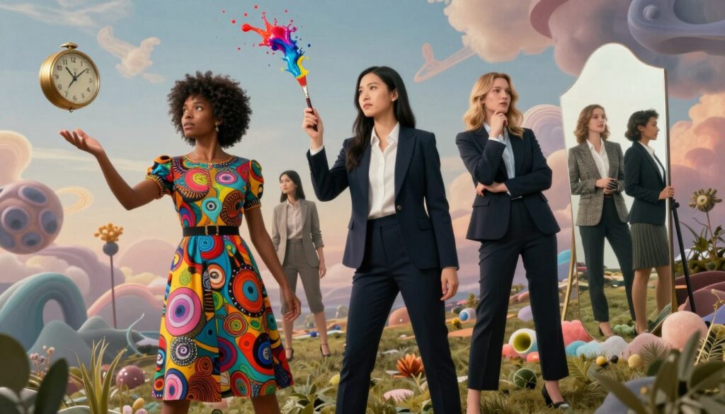 A group of five diverse female surrealists, each depicted in unique professional attire, stands confidently within a dreamlike landscape. In the foreground, a woman of African descent wears a vibrant dress adorned with surreal motifs, gesturing towards a floating clock. In the middle ground, a woman of Asian descent in tailored formal wear holds a paintbrush that releases colorful paint like a waterfall. To her side, a Caucasian woman in a chic business suit contemplates a distorted mirror reflecting her ambitions. The background features a whimsical sky with swirling clouds and abstract forms, illuminated by soft, ethereal lighting. The atmosphere conveys strength, creativity, and resilience, encapsulating the essence of women in a traditionally male-dominated field. The composition is framed with a slight tilt to enhance the surreal effect. A group of five diverse female surrealists, each depicted in unique professional attire, stands confidently within a dreamlike landscape. In the foreground, a woman of African descent wears a vibrant dress adorned with surreal motifs, gesturing towards a floating clock. In the middle ground, a woman of Asian descent in tailored formal wear holds a paintbrush that releases colorful paint like a waterfall. To her side, a Caucasian woman in a chic business suit contemplates a distorted mirror reflecting her ambitions. The background features a whimsical sky with swirling clouds and abstract forms, illuminated by soft, ethereal lighting. The atmosphere conveys strength, creativity, and resilience, encapsulating the essence of women in a traditionally male-dominated field. The composition is framed with a slight tilt to enhance the surreal effect.