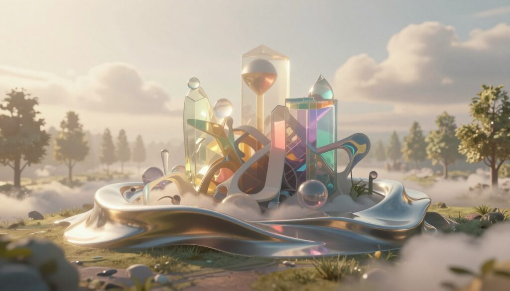 A mesmerizing 3D surrealist sculpture set in a dreamlike environment. In the foreground, a twisted, metallic structure resembles flowing liquid, reflecting soft sunlight. The middle layer features abstract geometric shapes intertwined with organic forms, made from translucent materials that cast colorful shadows. The background is a hazy, ethereal landscape with softly blurred rows of trees and gently swirling clouds, creating depth and intrigue. The lighting is soft and diffused, with golden hour hues enhancing the overall warmth of the scene. Use a wide-angle lens perspective to emphasize the grandeur of the sculpture while evoking a sense of wonder and creativity, embodying the essence of surrealism in sculptural art.