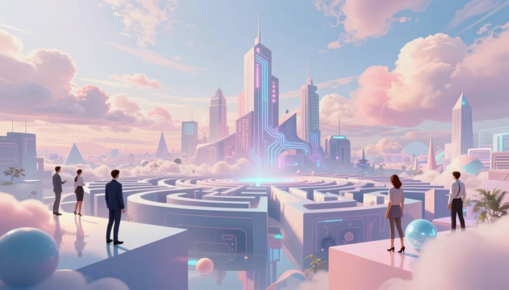 A mesmerizing digital surrealism scene featuring a vibrant, dreamlike landscape. In the foreground, floating geometric shapes and ethereal figures in professional business attire gracefully interact, reflecting innovation and creativity. The middle ground showcases a labyrinthine cityscape with twisting buildings that defy gravity, embedded with luminous circuits and digital motifs. The background is a vast, luminous sky rendered in soft pastel colors, with clouds that morph into abstract technology patterns. Soft, diffused lighting creates a mystical atmosphere, emphasizing the interplay between the natural and the digital realm. The composition is viewed from a low angle, inviting the observer to explore this imaginative frontier of digital art, capturing the essence of innovative techniques and software in surrealism. A mesmerizing digital surrealism scene featuring a vibrant, dreamlike landscape. In the foreground, floating geometric shapes and ethereal figures in professional business attire gracefully interact, reflecting innovation and creativity. The middle ground showcases a labyrinthine cityscape with twisting buildings that defy gravity, embedded with luminous circuits and digital motifs. The background is a vast, luminous sky rendered in soft pastel colors, with clouds that morph into abstract technology patterns. Soft, diffused lighting creates a mystical atmosphere, emphasizing the interplay between the natural and the digital realm. The composition is viewed from a low angle, inviting the observer to explore this imaginative frontier of digital art, capturing the essence of innovative techniques and software in surrealism.