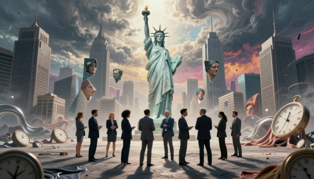 A surreal landscape depicting a vast, dreamlike cityscape with towering, distorted buildings that symbolize political power. In the foreground, a group of diverse individuals dressed in professional business attire, engaged in animated discussions, illustrating unity in sociopolitical movements. Ethereal elements like floating clocks and melting fabrics emphasize the fluidity of time and change. In the middle ground, a large, abstract statue representing freedom and equity looms, surrounded by fragmented mirrors reflecting various faces of society. The background features a sky swirling with dark clouds and bursts of vibrant colors, creating a contrast between despair and hope. The lighting is dramatic, casting long shadows to evoke an intense atmosphere that inspires contemplation and action, without any text or overlays.