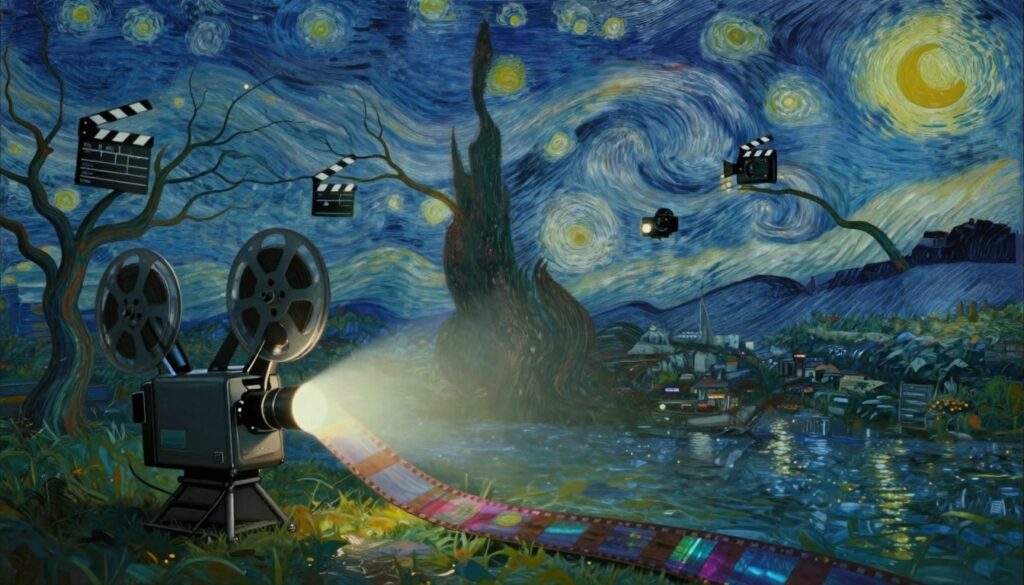 A surrealist film scene featuring a dreamlike landscape where everyday objects morph into unexpected forms. In the foreground, a vintage film projector spills vibrant, colorful light onto an oversized film reel that unfurls into the air, resembling a flowing river. In the middle ground, a network of intertwining trees has branches that transform into various classic film motifs, such as clapperboards and cameras, all emitting a soft, ethereal glow. The background reveals a distorted city skyline under a starry, swirling sky, reminiscent of a Van Gogh painting, casting reflections in a nearby, shimmering lake. Utilize soft, diffused lighting to create an otherworldly ambiance, shot with a wide-angle lens to enhance the surreal perspective. The overall atmosphere is whimsical yet thought-provoking, evoking the essence of surrealist film and media. A surrealist film scene featuring a dreamlike landscape where everyday objects morph into unexpected forms. In the foreground, a vintage film projector spills vibrant, colorful light onto an oversized film reel that unfurls into the air, resembling a flowing river. In the middle ground, a network of intertwining trees has branches that transform into various classic film motifs, such as clapperboards and cameras, all emitting a soft, ethereal glow. The background reveals a distorted city skyline under a starry, swirling sky, reminiscent of a Van Gogh painting, casting reflections in a nearby, shimmering lake. Utilize soft, diffused lighting to create an otherworldly ambiance, shot with a wide-angle lens to enhance the surreal perspective. The overall atmosphere is whimsical yet thought-provoking, evoking the essence of surrealist film and media.