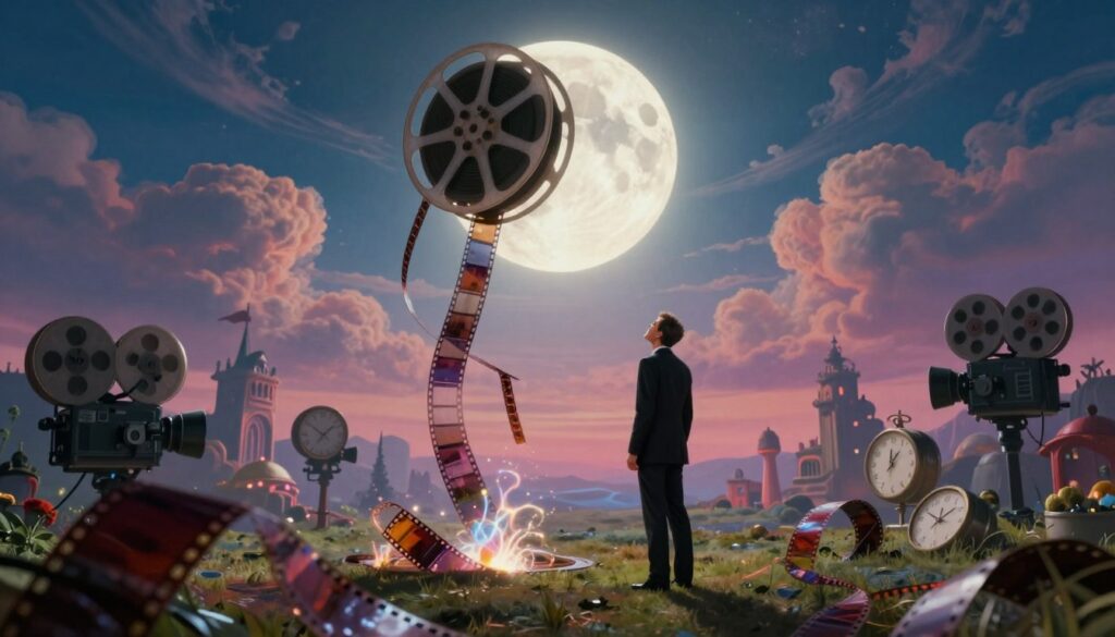 A surrealist film scene unfolds in a dreamlike landscape, featuring a lone director in professional attire, gazing thoughtfully at a giant, vintage film reel cascading down from a glowing, oversized moon. In the foreground, scattered film strips swirl with ethereal light, creating an illusion of motion. The middle layer reveals whimsical elements like melting clocks and distorted film cameras, emphasizing the influence of surrealism in cinema. A vibrant, colorful sky filled with swirling clouds casts a fantastical glow over the scene. The background showcases a bizarre cityscape with oversized, whimsical architecture, surrounded by mysterious shadows. The atmosphere is a blend of wonder and introspection, with soft, diffused lighting capturing the essence of creativity and imagination, shot from a low angle to enhance the grandeur and dreamlike quality of the composition. A surrealist film scene unfolds in a dreamlike landscape, featuring a lone director in professional attire, gazing thoughtfully at a giant, vintage film reel cascading down from a glowing, oversized moon. In the foreground, scattered film strips swirl with ethereal light, creating an illusion of motion. The middle layer reveals whimsical elements like melting clocks and distorted film cameras, emphasizing the influence of surrealism in cinema. A vibrant, colorful sky filled with swirling clouds casts a fantastical glow over the scene. The background showcases a bizarre cityscape with oversized, whimsical architecture, surrounded by mysterious shadows. The atmosphere is a blend of wonder and introspection, with soft, diffused lighting capturing the essence of creativity and imagination, shot from a low angle to enhance the grandeur and dreamlike quality of the composition.