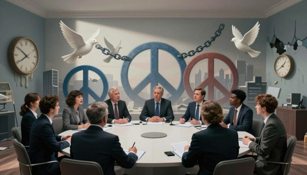 A surrealist landscape depicting a dreamlike political meeting in a distorted room with warped perspectives. In the foreground, a group of diverse individuals in professional business attire discuss passionately, their expressions blending hope and tension. The middle ground features abstract, oversized symbols of peace and conflict, like doves and chains entwined, suggesting a struggle for freedom. The background shows a fragmented cityscape with melting clocks and a distorted skyline, representing the passage of time and societal change. Ethereal, soft lighting casts dramatic shadows, enhancing the surreal atmosphere, while a slightly tilted camera angle adds to the disorienting effect. The overall mood conveys a powerful blend of urgency and reflection, inviting the viewer to ponder the complexities of political expression through surrealism.