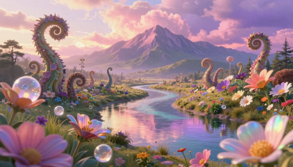 A surrealist landscape depicting an ethereal dreamscape, where reality blurs into fantasy. In the foreground, vibrant flowers with oversized petals in iridescent colors interact with floating, translucent orbs of light. The middle ground features a winding river reflecting a kaleidoscope of pastel hues, bordered by lush, exaggerated plant life that twists upwards like spirals. In the background, a majestic mountain range rises against a sky filled with swirling clouds of pink and purple, illuminated by a warm, golden sunlight. The atmosphere is tranquil yet enchanting, evoking a sense of wonder and exploration. Capture this scene with a soft focus, as if viewed through a wide-angle lens, enhancing the dreamlike quality while maintaining vivid clarity in the elements. A surrealist landscape depicting an ethereal dreamscape, where reality blurs into fantasy. In the foreground, vibrant flowers with oversized petals in iridescent colors interact with floating, translucent orbs of light. The middle ground features a winding river reflecting a kaleidoscope of pastel hues, bordered by lush, exaggerated plant life that twists upwards like spirals. In the background, a majestic mountain range rises against a sky filled with swirling clouds of pink and purple, illuminated by a warm, golden sunlight. The atmosphere is tranquil yet enchanting, evoking a sense of wonder and exploration. Capture this scene with a soft focus, as if viewed through a wide-angle lens, enhancing the dreamlike quality while maintaining vivid clarity in the elements.