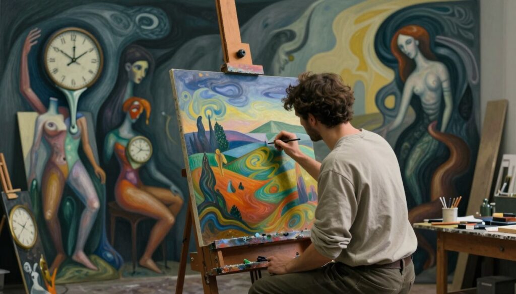 A surrealist painter's studio, showcasing distinctive techniques in vivid detail. In the foreground, an artist, dressed in modest casual clothing, is immersed in creating a dreamlike landscape with melting clocks and distorted figures. The middle ground features an easel with a partially finished canvas, with vibrant colors blending and swirling. To the background, an abstract backdrop of twisted shapes and ethereal forms evokes a sense of unreality. Soft, diffused lighting casts gentle shadows, creating a surreal atmosphere. The overall mood is contemplative and imaginative, inviting viewers to explore the unique styles of influential surrealist painters. The scene is captured from a slightly elevated angle, emphasizing depth and complexity without any text or distractions. A surrealist painter's studio, showcasing distinctive techniques in vivid detail. In the foreground, an artist, dressed in modest casual clothing, is immersed in creating a dreamlike landscape with melting clocks and distorted figures. The middle ground features an easel with a partially finished canvas, with vibrant colors blending and swirling. To the background, an abstract backdrop of twisted shapes and ethereal forms evokes a sense of unreality. Soft, diffused lighting casts gentle shadows, creating a surreal atmosphere. The overall mood is contemplative and imaginative, inviting viewers to explore the unique styles of influential surrealist painters. The scene is captured from a slightly elevated angle, emphasizing depth and complexity without any text or distractions.