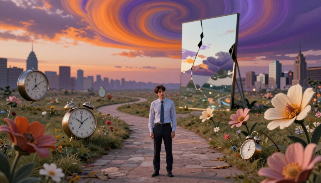 A surrealist photography scene featuring a whimsical landscape where ordinary objects are transformed into dreamlike elements. In the foreground, a professional-looking individual in modest business attire stands with a perplexed expression, surrounded by floating clocks and oversized flowers that bend gravity. The middle ground reveals a distorted pathway leading to a warped mirror reflecting a fragmented sky with vibrant colors, like orange and purple, swirling into each other. The background is a surreal horizon, where reality blurs with fantasy, displaying a melting cityscape under twilight lighting, casting long shadows. The atmosphere is whimsical and thought-provoking, inviting viewers to ponder the boundaries of reality and imagination. Use a shallow depth of field to emphasize the foreground while softly blurring the background.