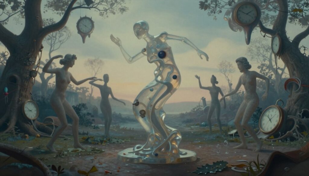 A surrealist sculpture set in an ethereal, dreamlike environment. In the foreground, a twisting, fluid form made of translucent materials resembles a melding of organic and geometric shapes, capturing an unsettling beauty. In the middle ground, abstract figures appear to dance around the sculpture, their forms stretching and elongating, creating a sense of motion and whimsy. The background features a surreal landscape filled with distorted trees and melting clocks, bathed in a soft, otherworldly glow that suggests twilight. The lighting is ambient and diffused, enhancing the mysterious atmosphere. Shot from a low angle to amplify the grandeur of the sculpture, the composition immerses viewers in a compelling exploration of surrealism's potential beyond traditional canvas art.
