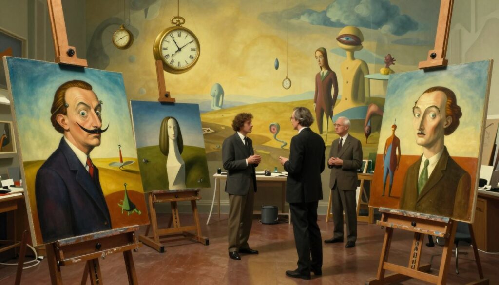 A vibrant and imaginative scene depicting iconic surrealist painters in a dreamlike art studio. In the foreground, easels hold massive canvases showcasing whimsical and bizarre imagery reminiscent of Salvador Dalí, René Magritte, and Max Ernst, each brimming with vivid colors and unusual themes. The middle ground features the artists themselves, dressed in professional attire, deeply engaged in conversation, blending forms and ideas. The background showcases an ethereal landscape, with floating clocks, distorted figures, and melting objects bathed in soft, surreal lighting, evoking a mystical atmosphere. A wide-angle lens captures this lively and creative environment, while warm, golden hues create an inviting ambiance, inviting viewers to immerse themselves in the world of surrealism.