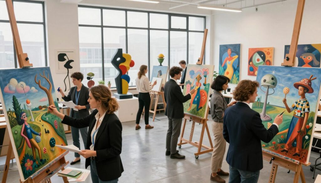 A vibrant, modern art studio bustling with creativity. In the foreground, a diverse group of artists, each dressed in professional business attire, collaborate on large canvases filled with surrealistic elements—dreamlike landscapes, distorted figures, and everyday objects reimagined in fantastical ways. The middle ground features abstract sculptures and mixed media installations reflecting contemporary themes. In the background, large windows let in soft, natural light, creating an inviting atmosphere that inspires innovation. The mood is dynamic and energetic, highlighting the connections between surrealism and modern art trends, embodied in the artists' expressions of passion and determination. The composition is captured with a wide-angle lens to enhance the sense of space and creativity.